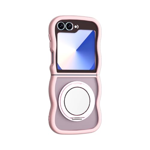携帯ケース Galaxy Z Flip5/Flip6/Flip7FE専用 全周保護磁気式回転スタンド内蔵 波型フレーム&毛ガラス効果 化粧鏡付き ワイヤレス充電対応 薄型 軽量 折り畳み ソフト フレーム PC+TPU レンズ保護 可愛い 面白い 人気 滑