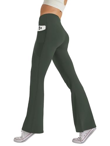 Glacspyg Damen Hose mit Taschen Yogahose Freizeit Jogginghose High Waist Sporthose Elastische Weite Bootcut Jazzpants Olivgrün L