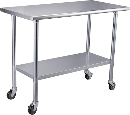 Image of ROCKPOINT Stainless Steel Table for Prep & Work with Caster Wheels 24x48 Inches, NSF Metal Commercial Kitchen Heavy Duty Table with Adjustable Under Shelf and Table Foot for Restaurant, Home and Hotel