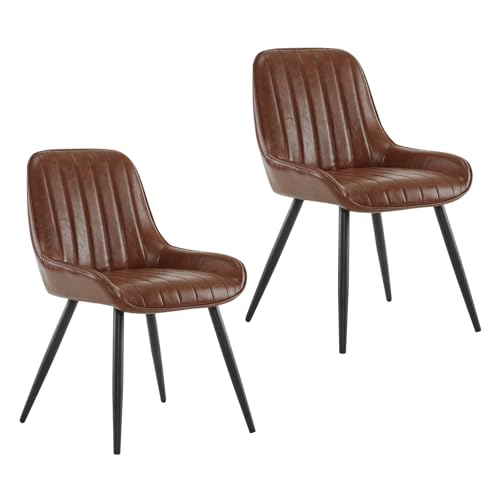 Lestarain Lot de 2 Chaises de Salle à Manger avec Dossier Chaise de Cuisine Rétro Chaise de Salon Assise en Similicuir et Pieds en Métal,Brune