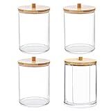 GIGIIS Wattestäbchen/Wattepads Aufbewahrung Behälter mit Bambusdeckel 4 Stück Baumwollkugel-Spender Transparent Acryl-Qtip-Halter Kleiner Runder Badezimmer Organizer für Schminktisch Badezimmer