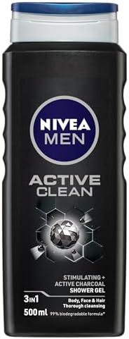 NIVEA MEN Active Clean Shower Gel 500ml | With Active Charcoal to Revitalise Skin | Men's 3-in-1 Body Wash for