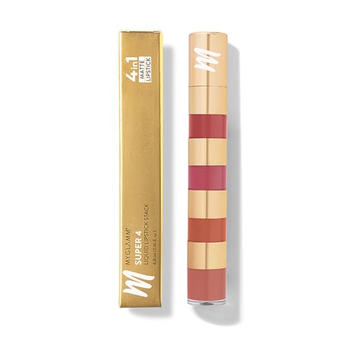 Image of MyGlamm Super 4 Liquid Lipstick Stack - Nude Mood (Rose + Mauve + Brown + Pink) | Non Transfer, Smudge Proof 4 in 1 Velvet Matte Lipstick (4.8ml)
