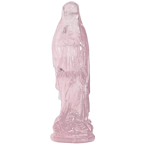 mookaitedecor Natural Rose Quartz Carved Crystal Holy Mother Mary Statue Ornament for Home Office Decor 8.8cm Praying Blessed Virgin Mary Figurine Indoor Healing Stone Sculpture Religious Gift