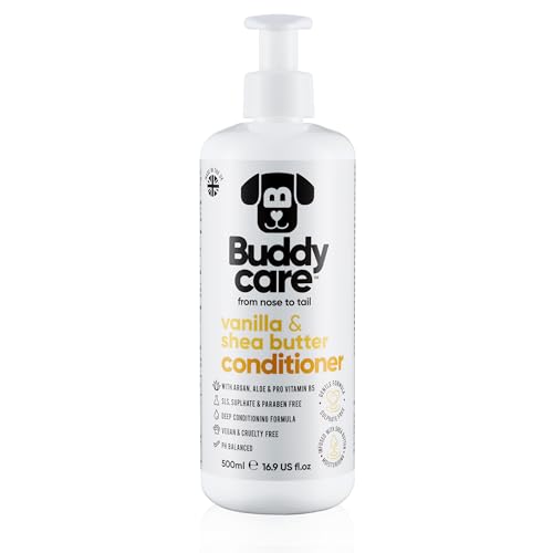 Buddycare Vanilla & Shea Butter Dog Conditioner (16.90oz) Aloe Vera, Argan Oil & Pro Vitamin B5 to Detangle Matted Coats & Relieve Sensitive & Itchy Skin, Suitable for Puppies from 8 Weeks, Vegan