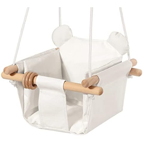 Mlian Secure Canvas and Wooden Baby Hanging Swing Seat Chair Indoor and Outdoor Hammock Backyard Outside Swing Kids Toys Swings 6-36 Months with Ear Décor Cushion and Natural Wooden Ring, Beige Cover