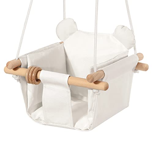 Image of Mlian Secure Canvas and Wooden Baby Hanging Swing Seat Chair Indoor and Outdoor Hammock Backyard Outside Swing Kids Toys Swings 6-36 Months with Ear Décor Cushion and Natural Wooden Ring, Beige