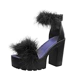 YSMIIH Women'S Faux Fur Chunky Heel Sandals Platform Open Toe Fuzzy Ankle Strap Sexy Colorful Wedding Dress Heels Black US 8
