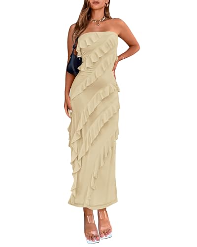 BTFBM Women Summer Elegant Strapless Midi Ruched Bodycon Dress Solid Color Stretch Mesh Slim Party Cocktail Dresses
