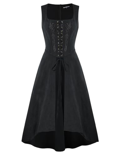 Scarlet Darkness Pirate Dress Women Peasant Renaissance Medieval Dress Lace Up Overdress with Pockets Black L