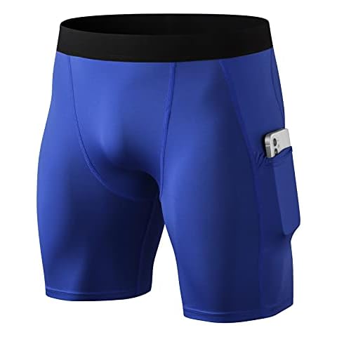 Compression Shorts Mens Gym Running Tights Fitness Training Workout Shorts Base Layer with Phone Pockets Blue L Cover