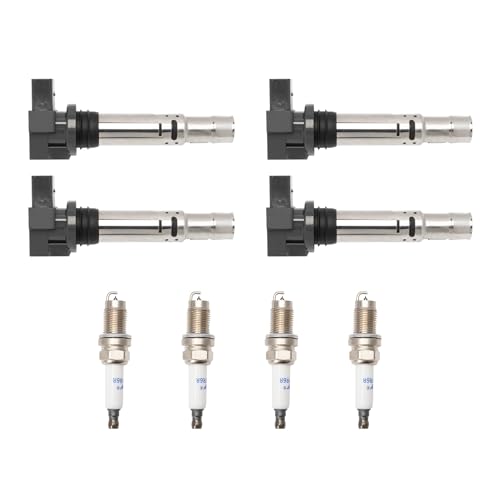 Konuooer Lot de 4 bobines d'allumage + 4 bougies d'allumage 036905715 pour A1 8X A2 A3 8P pour Golf 4 5 Plus 6 Pa-ss-at B6 B7 Po-lo Scirocco 0242240665 pour Je-tta Shar-an Ti-guan Tour-an Caddy Bo-ra