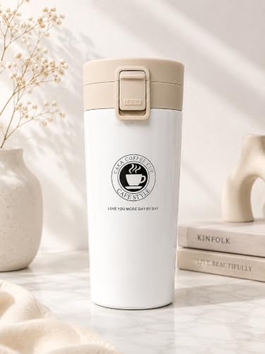Image of 350ml Stainless Steel Travel Coffee Mug - Double Wall Vacuum Insulated Thermal Tumbler with Leakproof Flip Lid | Hot & Cold Coffee Cup for Office, Travel & Car (White)