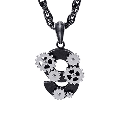 Collier Homme Acier Inoxydable Numéro 9 et Roues Dentées au Fini Punk Durable
