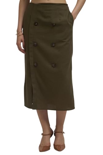 VIRGIO Linen Double Breasted Slit Midi Skirt