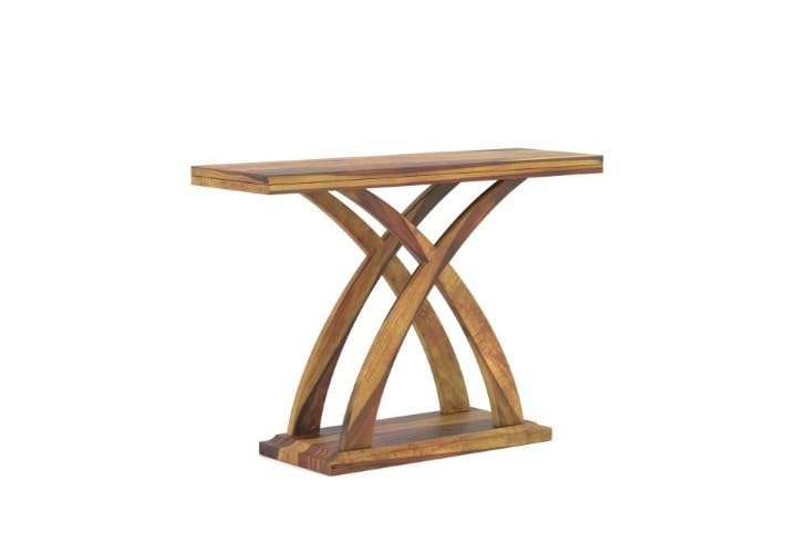 Image of Solid Wood Console Table for Living Room & Entryway | Modern Wooden Hallway Sofa Side Table with Designer Cross Leg Base | Honey Finish | 48 x 14 x 36 Inch