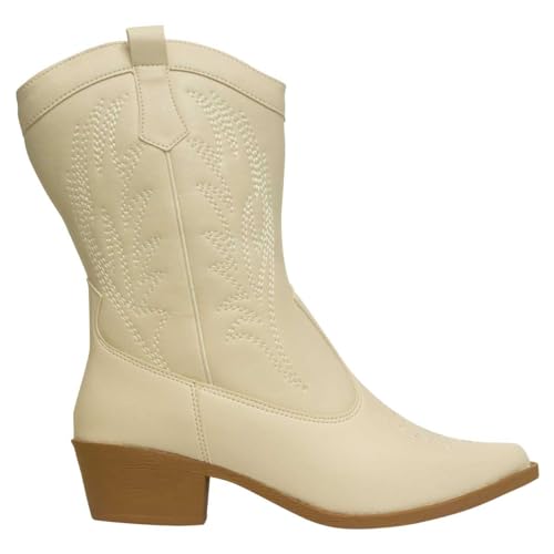 Bota Texana Feminina Boiadeira Western Country Cano Médio (Off White, BR, Adulto, Numérico, 39)