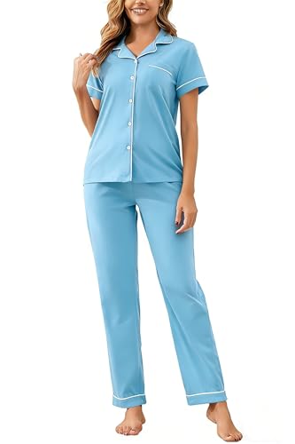 Image of 100% Cotton Pajama Sets for Women 2 Piece Long Sleeve Button Down Pjs Soft Comfy Ladies Sleepwear Lounge Sets S-XL
