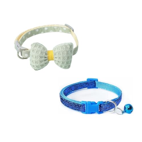YellowCult 2 Piece Pet Collars for Cats, Puppies, Small Dogs, Fat Rabbits with Adjustable Size, Bell & Buckle Safety Lock-[Knitted Bow & Glittering]-[Green & Blue] (B0D17JCYX7) Amazon Price History, Amazon Price Tracker