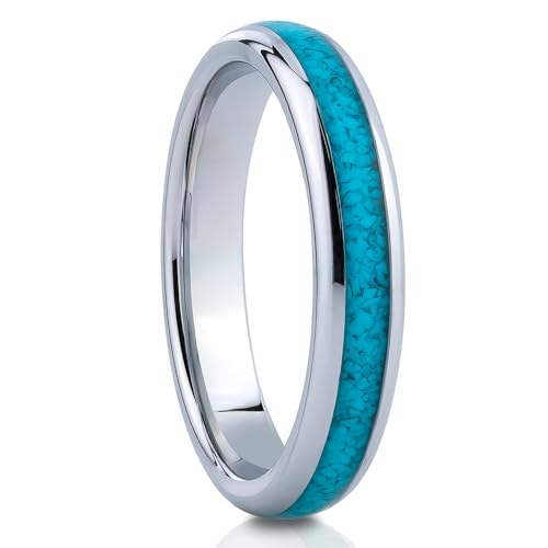 OVIEDO JEWELRY Turquoise Wedding Ring Silver Tungsten Ring 4mm Band For Ladies Engagement Dome Shape Man Comfort Fit Band Unique Design