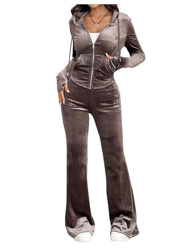 SOLY HUX Women's 2 Piece Velvet Outfits Long Sleeve Zip