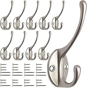 GlazieVault Satin Nickel Coat Hooks for Wall Pack 10 - Heavy Duty Coat Hooks Wall Mounted - Premium Design Wall Hooks Rust Free Door Hooks for Hanging