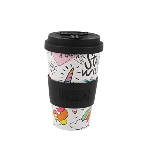 IDRINK®- Tasse à café en RPET avec ouverture et bouchon en silicone, facile à transporter Tasse à emporter de 435 ml en plastique recyclé 8,7 x 8,7 x 15 cm 435 ml (UNICORN)