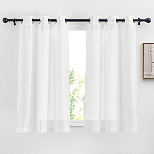 NICETOWN White Semi Sheer Cafe Curtains 24 inch Long, Grommet Linen Blend Causal & Rustic Kitchen Window Curtains & Drapes Light Filtering for Bedroom, W29 x L24, 2 Panels