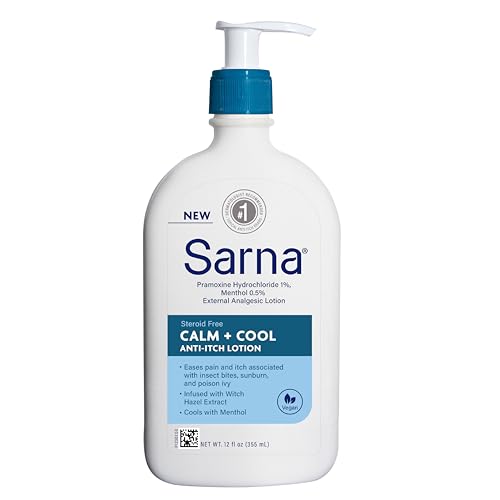 Sarna Calm + Cool Anti-Itch Lotion, Soothe and Relieve Pain and Itch from Insect Bites, Sunburn, & Poison Ivy, Contains 1% Pramoxine Hydrochloride, 0.5% Menthol, Vegan, Steroid-Free, 12 oz