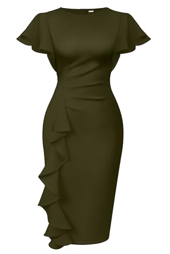 Memoriesea Women's Vintage Church Ruffle Sleeve Ruched Bodycon Work Midi  Pencil Dress Army Green at Amazon Women's Clothing store