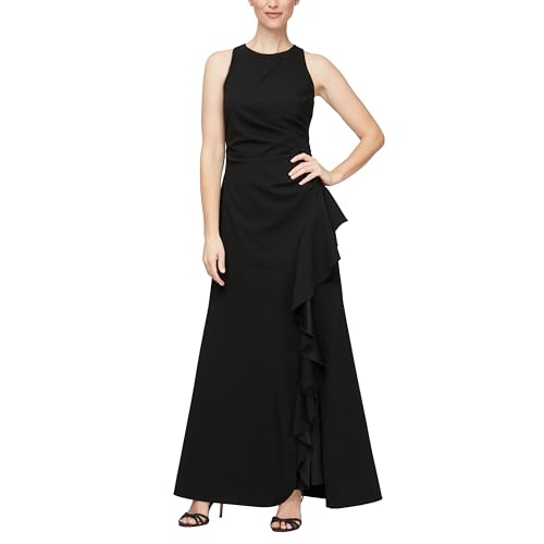 Image of Alex Evenings Women's Long Cascade Ruffle Sleeveless Gown with Leg Slit, Mother of The Bride Dress, Elegant Party Gown