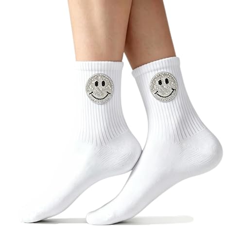 gedaer Cute Smiley Face Crew Socks Cotton Novelty Socks for Women Soft Breathable Unisex Casual Socks White
