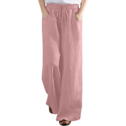 Smidow Crop Pants For Women Cotton Linen Wide Leg Pants For Women Dressy Casual 2023 Drawstring Elastic High Waist Loose Long Lounge Trousers #TOP5