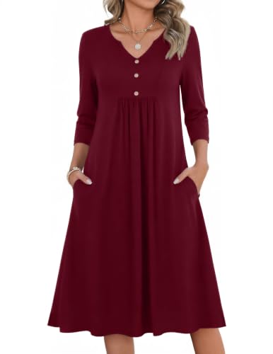 Image of Zeagoo Womens Dresses 3 /4 Sleeve Casual Fall A Line Midi Dress with Pockets