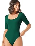 Verdusa Women's Basic Short Sleeve Scoop Neck Skinny Leotard Tee Bodysuit Dark Green L