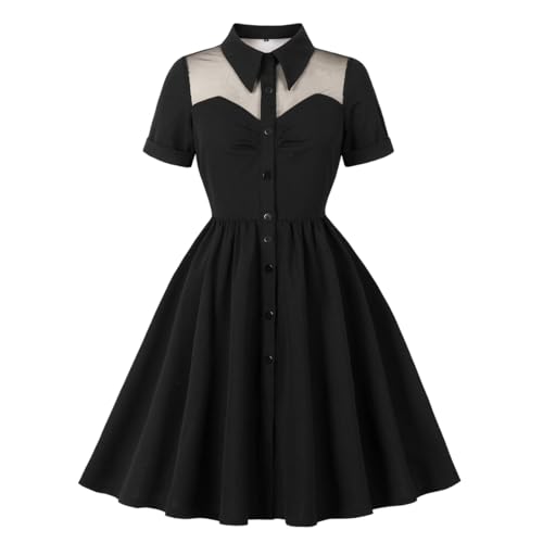 Wellwits Women's Shirt Button up Mesh Insert Work Vintage Dress