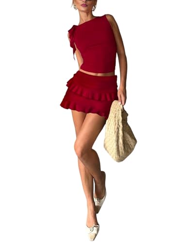 Image of 2 Piece Sets for Women Y2k Going Out Ruffle Trim Ruched Tank Top And High Waist Skirt Set Club Mini Dress