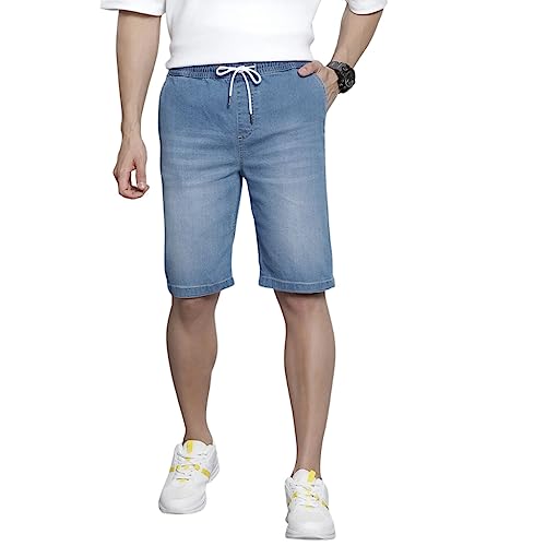 Image of The Indian Garage Co Men Regular Fit Solid Mid-Rise Denim Shorts
