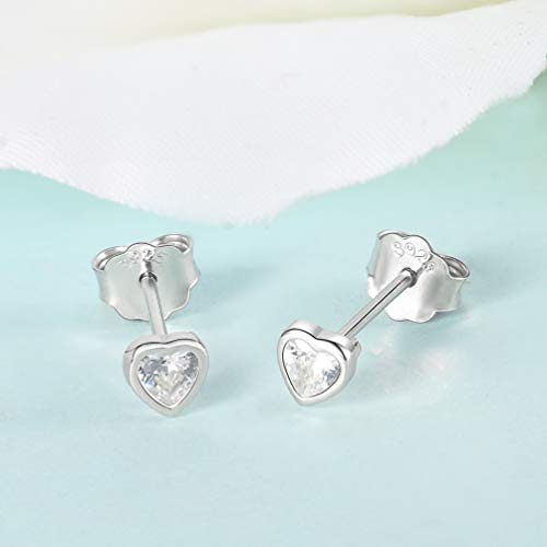 Sterling Silver Small Stud Earrings for Women Men, 3 Pairs of Tiny Heart Shaped Cubic Zirconia Earrings White Gold Plated CZ Cartilage Tragus Earrings(2mm/3mm/4mm)4