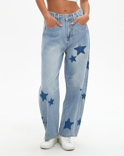 Kedera Women's Barrel Boyfriend Baggy Star Print Jeans Denim Pants Mid Rise Wide Leg Y2K Horseshoe Jeans Trendy2