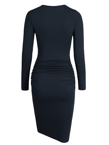 Image of Missufe Women's Long Sleeve Slim Ruched Bodycon Dress 2025 Trendy Fall Casual Round Neck Sheath Knee Length Outfits Clothes