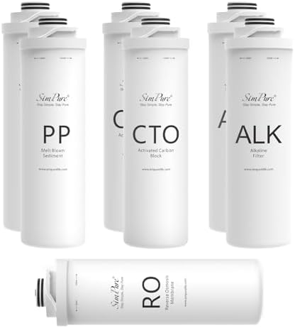 SimPure T1-400ALK Replacement Filter Cartridge Pack Set for T1-400ALK Tankless Reverse Osmosis Water Filter System (2 PP Filter+2 CTO Filters+1RO Filter+2 ALK Filters)
