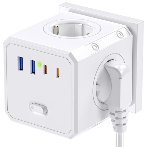 BURNNOVE Multiprise Murale Cube avec Interrupteur 16A 4000W Cube Prise sans Fil 4 Prises AC 2 USB 2 USB C Murale Prise 8 en 1 Cube Chargeur pour Voyage Bureau Maison Blanc