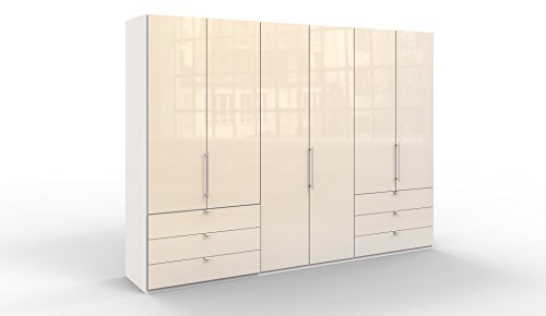 WIEMANN Loft Kleiderschrank, Schlafzimmerschrank, Gleittürenschrank, Drehtürenschrank, mit Schubladen, Glas magnolie, weiß, B/H/T 300 x 216 x 58 cm