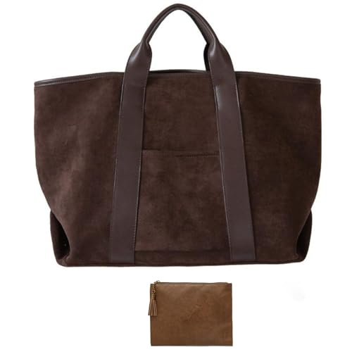Image of (2pcs) suede tote bag for women and Clutch Set Large Suede Tote Work Bag Handbag Tote Faux Suede Handbag Vintage Fall Bag (curry)