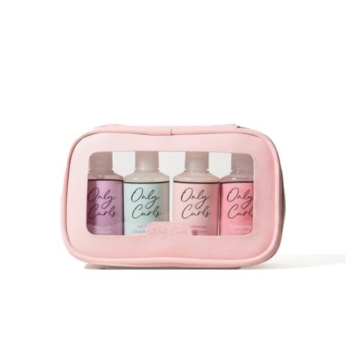 Only Curls On the Go Travel Set, Mini Curl Defining Kit, Nourishing Shampoo, Detangling Conditioner, Curl Creme, Curl Enhancing Gel & Travel Bag, Curly Hair Travel Set, Frizz-Free Finish, 100ml x 4