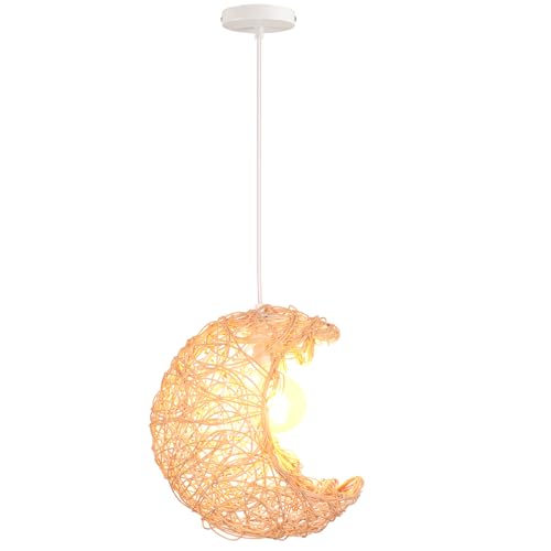iDEGU - Lampadario a sospensione in rattan e legno retrò, abbagliatore moderno a forma di luna, E27, illuminazione a soffitto vintage, lampada a sospensione per camera dei bambini, soggiorno, caffè
