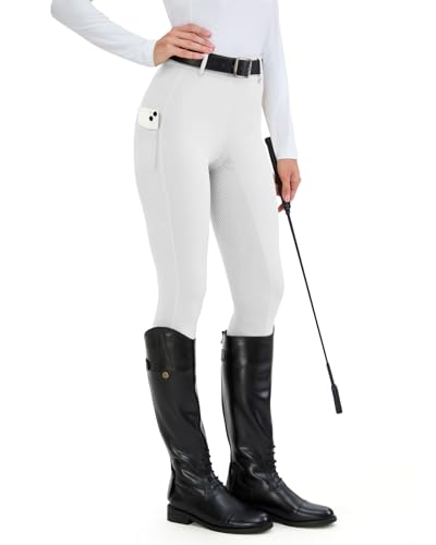 Hmiles - Leggings De Equitación Para Mujer, De Silicona, Cintura Alta, Elásticos, Con Bolsillo Para El Teléfono Móvil, Trabillas Para Cinturón, Blanco, M Hmiles - Leggings De Equitación Para Mujer, De Silicona, Cintura Alta, Elásticos, Con Bolsillo Para El Teléfono Móvil, Trabillas Para Cinturón, Blanco, M
