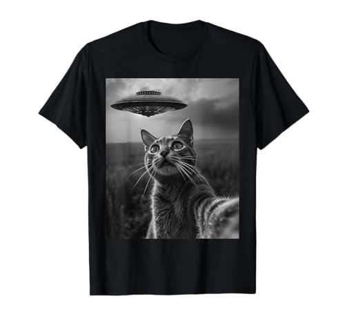 Cat Selfie With Alien UFO Tee Funny Selfie Cat Maglietta