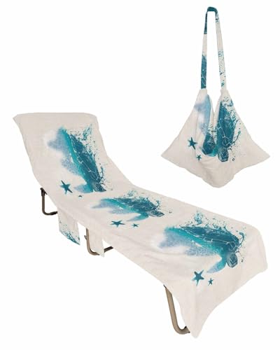 Sea Turtle Beach Lounge Chair Towel Cover, Soft Chaise Lounge Towel with Side Pockets Patio Pool Chairs Cover for Beach/Pool Sunbathing 29x85 Summer Beach Coastal Nautical Teal Starfish